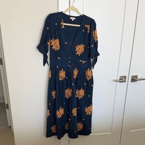 NWOT Pink Chicken Floral Navy Dress with Orange Accents
